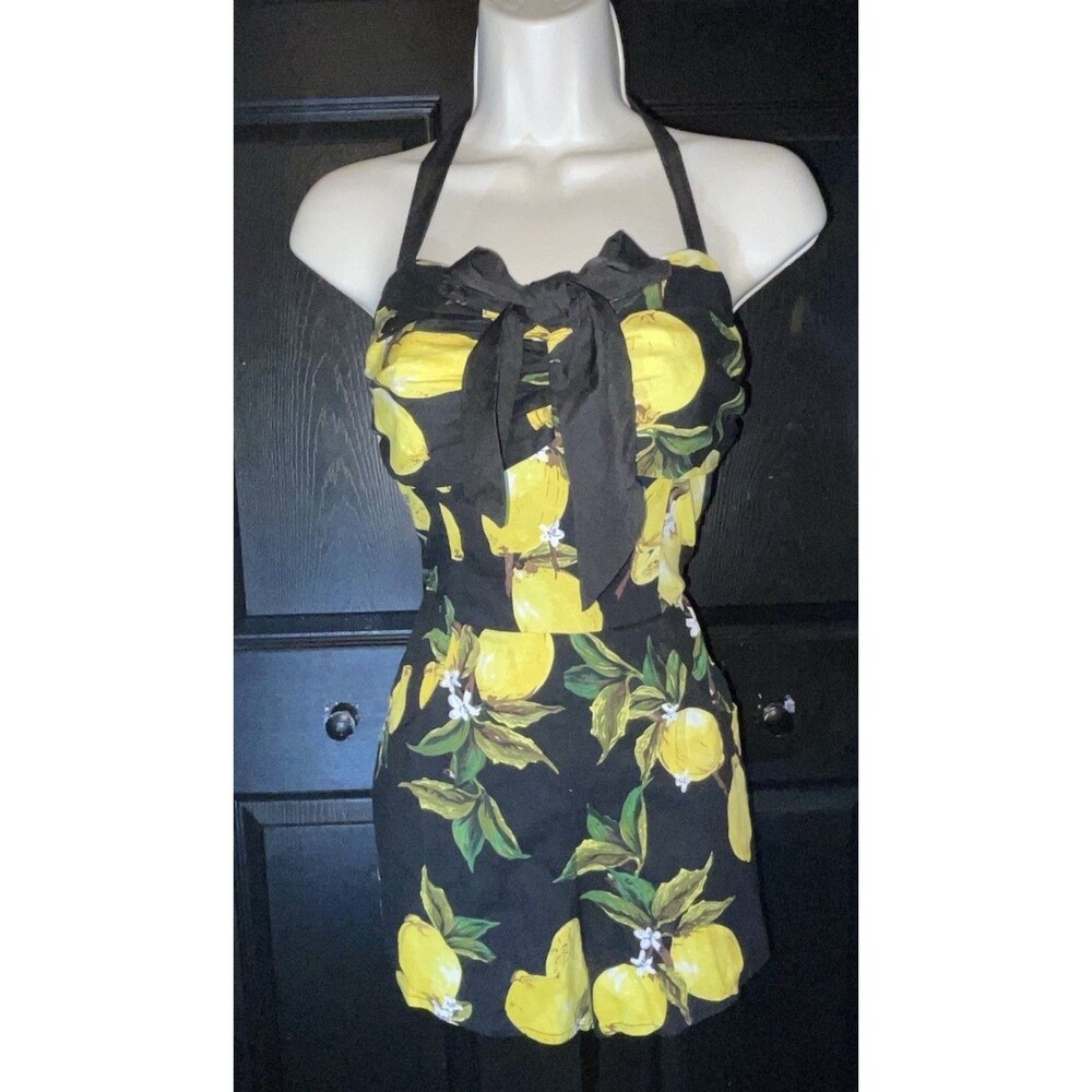 Unique Vintage Lemon Bow Halter Romper M 6-8 Capri Retro Pinup Resort Vacation